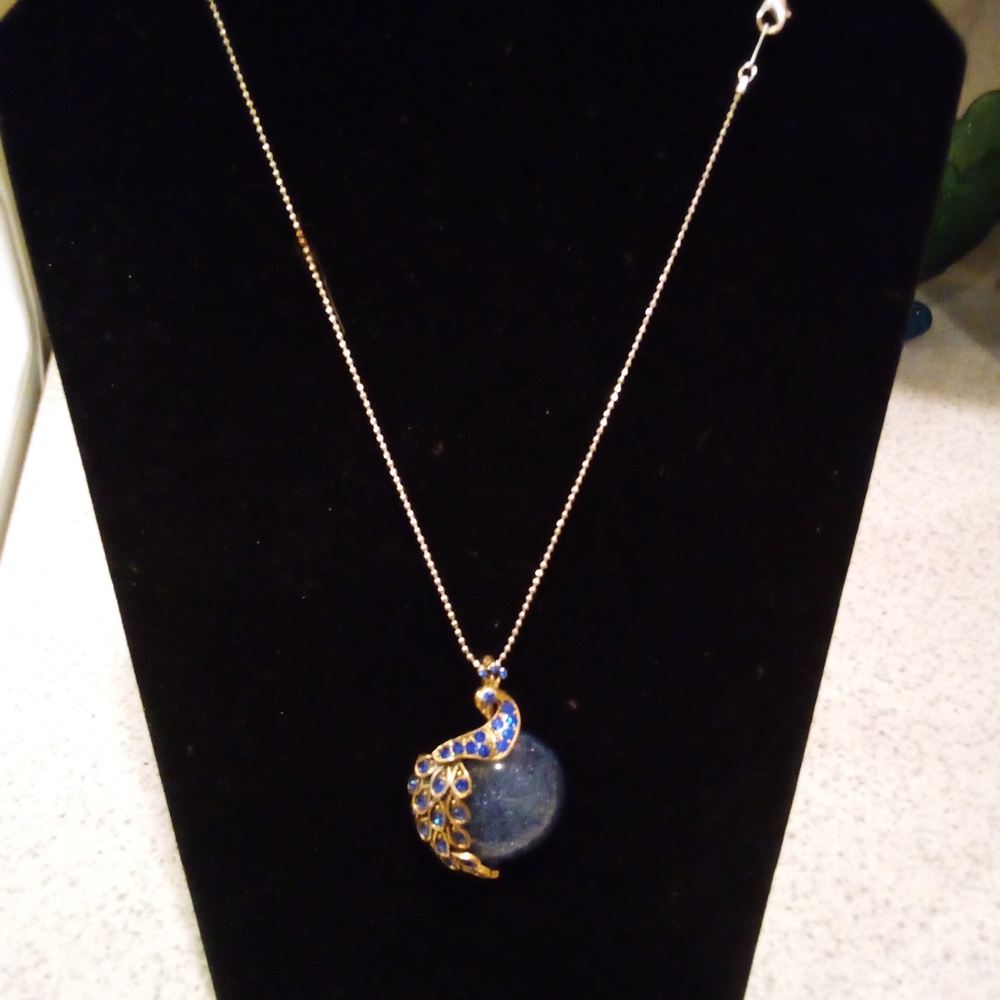 Vintage Blue Diamond Brass Gold Peacock Pendant Necklace
